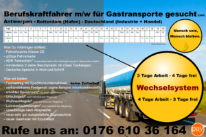 Berufskraftfahrer Gastransporte Belgien - Niederlande - Deutschland WRH5196AST